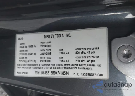 2019 Tesla Model 3 Long Range/Performance from USA, damaged, VIN 5YJ3E1EB9KF418544